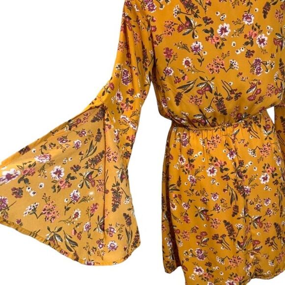 As U Wish Mustard Floral Dress Split Bell Sleeves Lined Women's Size Small - Picture 3 of 10